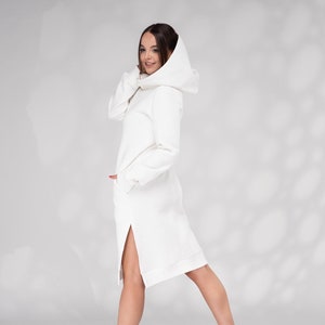 White Winter Hooded Dress, Hoodie Sweatshirt Dress, Midi Dress With Hood, Side Slit Dress