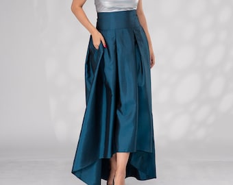 Longue jupe longue en taffetas, jupe formelle taille haute, jupe de mariage, jupe de mariée, jupe bleue en taffetas, jupe asymétrique