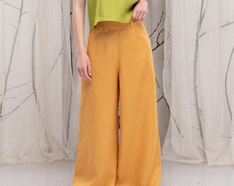 Pantalones de lino de pierna ancha, pantalones palazzo de lino con cremallera lateral