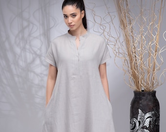 Leinen Maxi Kleid mit Taschen, Oversized Kaftan Abaya