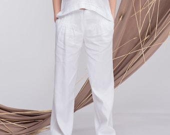 White Linen Wide Leg Palazzo Pants, Elastic Waist Trousers
