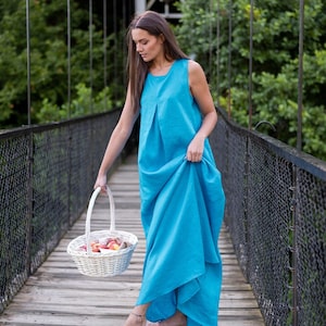Long Linen Sleeveless Dress, Maxi Linen Sundress, Boho Linen Dress, Linen Maxi Dress for Women