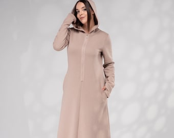 Abito lungo con cappuccio, abito lungo invernale con cappuccio, abbigliamento da casa con cerniera