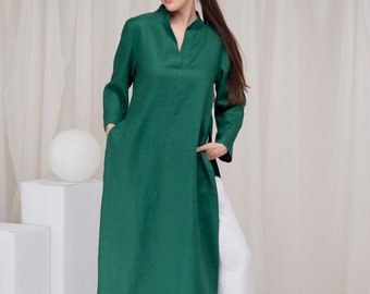 Linen Long Sleeve Tunic Dress, Side Slit Plus Size Tunic