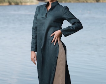 Long Linen Tunic for Women, Linen Shirt Dress with Two Slits on Side