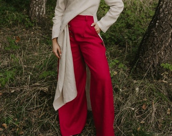 Pantalones anchos de lino para mujer, pantalones palazzo de verano