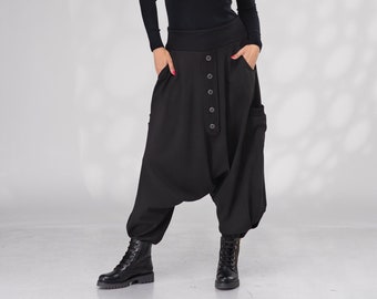 Pantaloni Harem neri in lana da donna, pantaloni con cavallo basso invernale unisex, pantaloni larghi