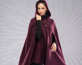 Wool Hooded Cape Coat, Winter Short Cloak with Hood