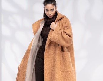 Wool Coat Women Hooded, Camel Plus Size Coat