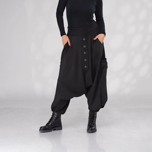 Wolle Schwarz Haremshose Frauen, Unisex Winter Drop Crotch Hose, Pumphose