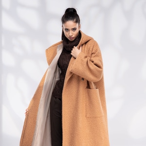 Wool Coat Women Hooded, Camel Plus Size Coat