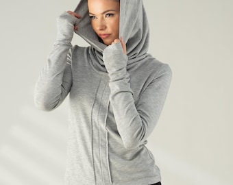 Damen Cowl Hooded Top, taillierte Hoodie-Bluse für Frauen mit Daumenloch-Sleeve