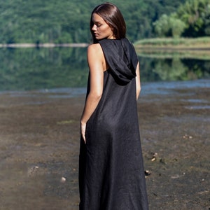 Black Linen Hoodie Dress Sleeveless, Long Linen Hooded Maxi Dress with Zipper, Plus Size Linen Dress with Hood