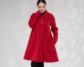 Roter Wollmantel Frauen, Winter Swing Mantel, Winter 1950er Jahre Mäntel,  A-Linie Wollmantel