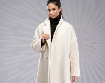Manteau court blanc en laine croisé, Manteau en laine bouillie, Manteau d'hiver longueur genou