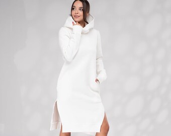 White Hoodie Sweatshirt Dress, Winter Hooded Dress, Winter