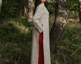 Long Linen Tunic for Women, Linen Shirt Dress with Two Slits on Side