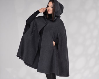 Wool Hooded Cape Coat, Winter Short Hooded Cloak, Hooded Cloak Coat, Hooded Wool Cape, Wool Poncho Coat