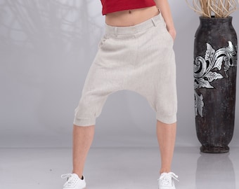 Linen Harem Pants Women, Drop Crotch Pants, Capri Pants Women, Baggy Linen Shorts, Linen Wide Leg Pants, Short Summer Pants