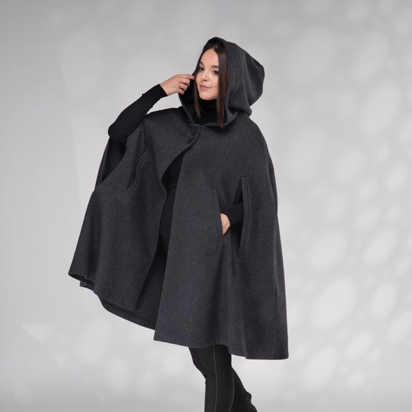 Wool Hooded Cape Coat, Winter Short Hooded Cloak, Hooded Cloak Coat, Hooded Wool Cape, Wool Poncho Coat