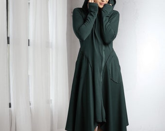 Avant-gardejurk met capuchon, lange sweaterjurk met capuchon (symmetrisch)