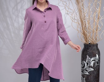 Linen Tunic Tops for Women, Plus Size Linen Top, Linen Tunic Women, Asymmetrical Tunic, Oversized Shirt, Linen Collared Shirt