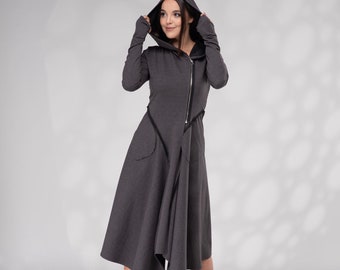 Hoodie Sweatshirt Dress, Avant Garde Dress with Hood, Zipper Hooded Dress, Asymmetrical Dress