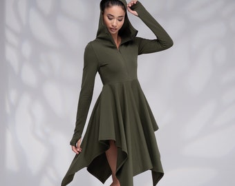 Vestido con capucha asimétrico para mujer, vestido de invierno con capucha y orificios para los pulgares.
