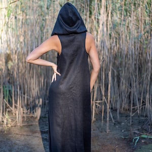 Long Linen Hooded Maxi Dress, Plus Size Linen Dress with Hood, Black Linen Hoodie Dress with Zipper