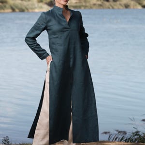 Long Linen Tunic for Women, Linen Shirt Dress with Two Slits on Side