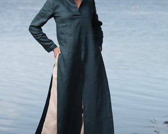 Long Linen Tunic for Women, Linen Shirt Dress with Two Slits on Side