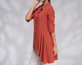 Women Tunic Top Plus Size, Asymmetrical Shirt, Burnt Orange Blouse, Elegant Top, Summer Tunic Shirt