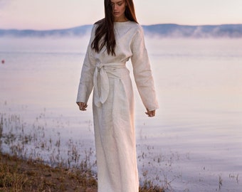 Long Sleeve Linen Kaftan, Linen Abaya, Linen Maxi Dress, Long Summer Linen Dress with belt