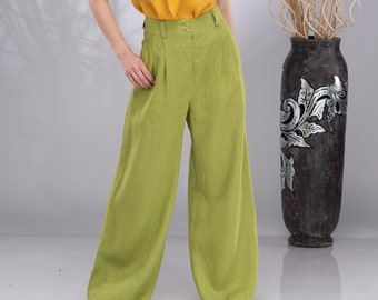Pantalones anchos de lino para mujer, pantalones palazzo de verano con cintura elástica.