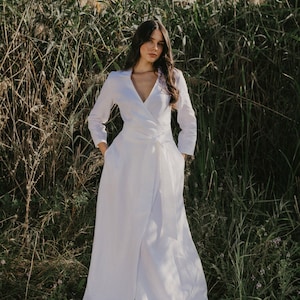 Linen Long Maxi Wrap Dress, Linen Wedding Dress, Linen Japanese Dress, White Maxi Linen Dress