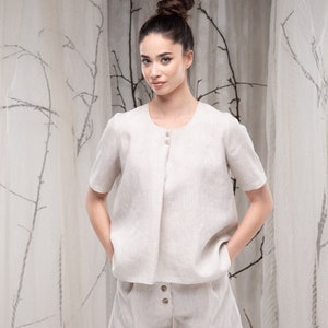 Linen Blouse for Women, Linen Button Back Top, Plus Size Linen Shirt Short Sleeve, Summer Blouse, A-line