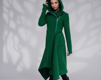May include: A long, green hooded coat with a zipper closure and a asymmetrical hemline. The coat is made of a soft, textured fabric.