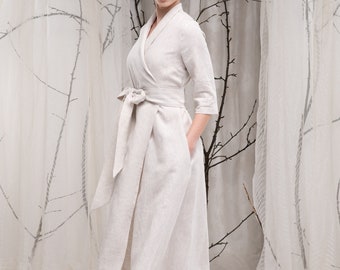 Linen Wrap Dress for Women with Shawl Collar, Summer Elegant Midi Dress