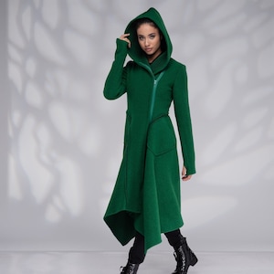 Wool Coat Women, Hooded Coat, Green Winter Coat, Long Wool Coat, Boiled Wool Coat with Zipper