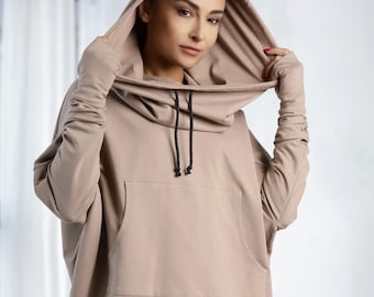 ビッグフードパーカー、オーバーサイズカウルフードスウェットシャツ