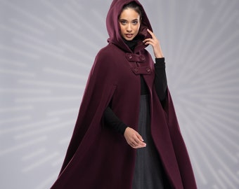 Wool Hooded Cape Coat, Wool Cloak with Hood, Wool Cape Women, Burgundy Winter Cloak, Maxi Hooded Cloak, Long Winter Cape