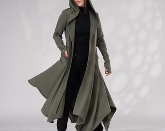 魔女の緑のマント、フード付き魔法使いのマント、ウールレザーの大人用