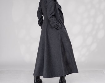 Abrigo largo de invierno para mujer con capucha, de lana, corte princesa, entallado y con vuelo.
