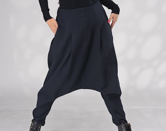 Wool Harem Pants Women, Winter Drop Crotch Pants with Elastic Waistband, Baggy Pants