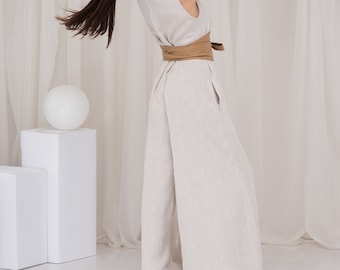 Linen Oversized Jumpsuit Women, Wide Leg Maxi Jumpsuit Dress