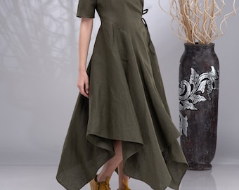 Long Hooded Linen Dress, Maxi Wrap Dress Asymmetrical