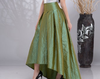 Formal Long Maxi taffeta Skirt, High Waisted Skirt, Wedding Skirt, Bridal Skirt, Green Taffeta Skirt, Asymmetric Skirt