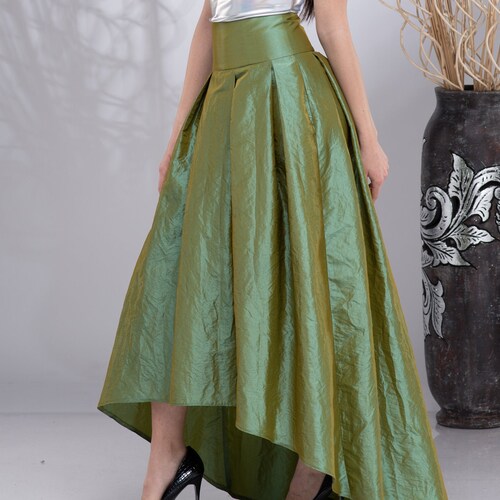 Formal Long Maxi Skirt, High Waisted Skirt, Wedding Skirt, Bridal Skirt, Green Taffeta Skirt, Asymmetric Skirt