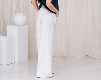 White Linen Wide Leg Trousers for Women, Summer Palazzo Pants with Two Pockets