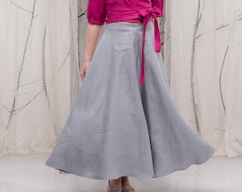 Maxi Leinen Tellerrock, Langer Plus Size Rock mit Taschen